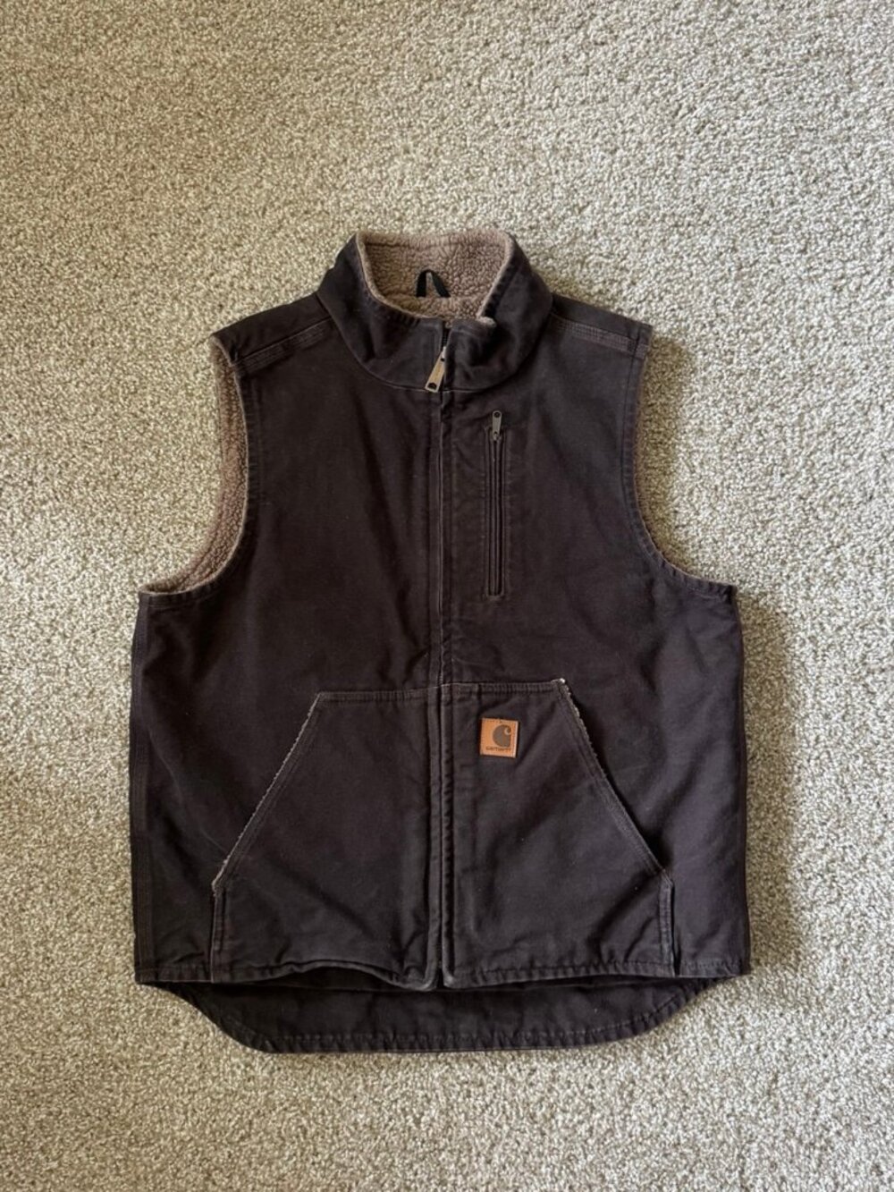 Vintage Carhartt Sherpa Lined Duck Canvas Vest Mens Medium Dark Brown Workwear